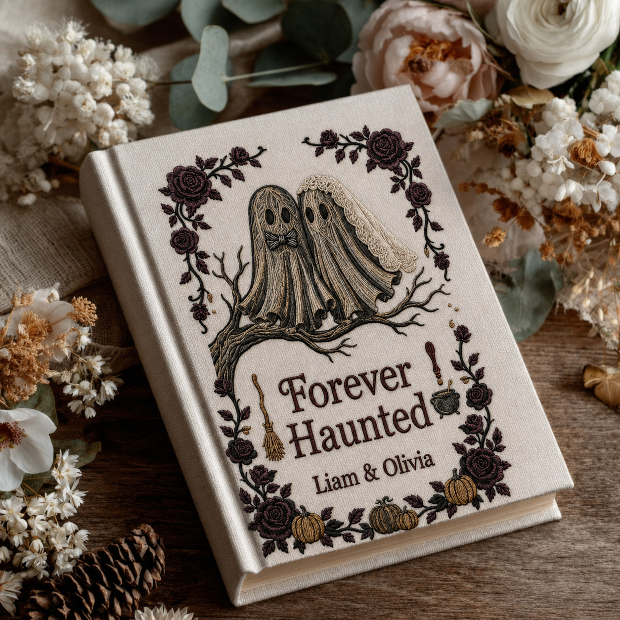 Personalized Embroidered Ghost Couple Photo Album - Forever Haunted Wedding Memory Book - Gothic Halloween Keepsake - Custom Anniversary Gift