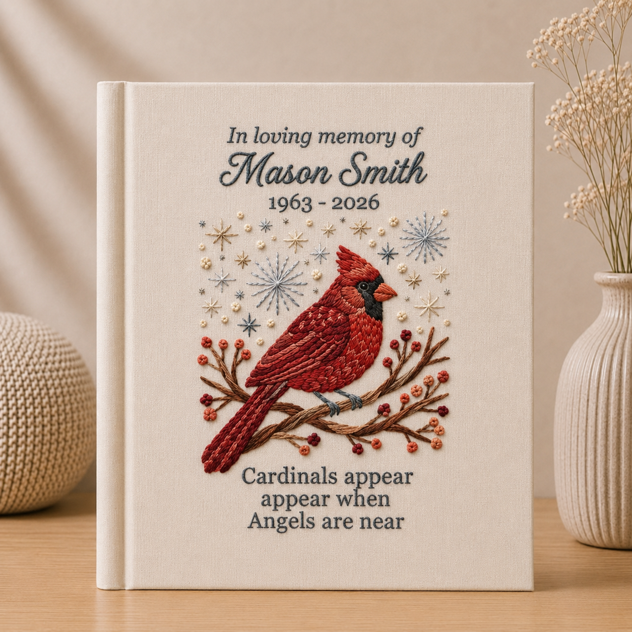 Personalized Cardinal Memorial Photo Album - Custom Embroidered Sympathy Memory Book - In Loving Memory Keepsake - Bereavement Gift