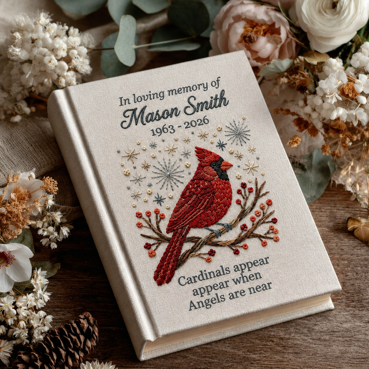 Personalized Cardinal Memorial Photo Album - Custom Embroidered Sympathy Memory Book - In Loving Memory Keepsake - Bereavement Gift