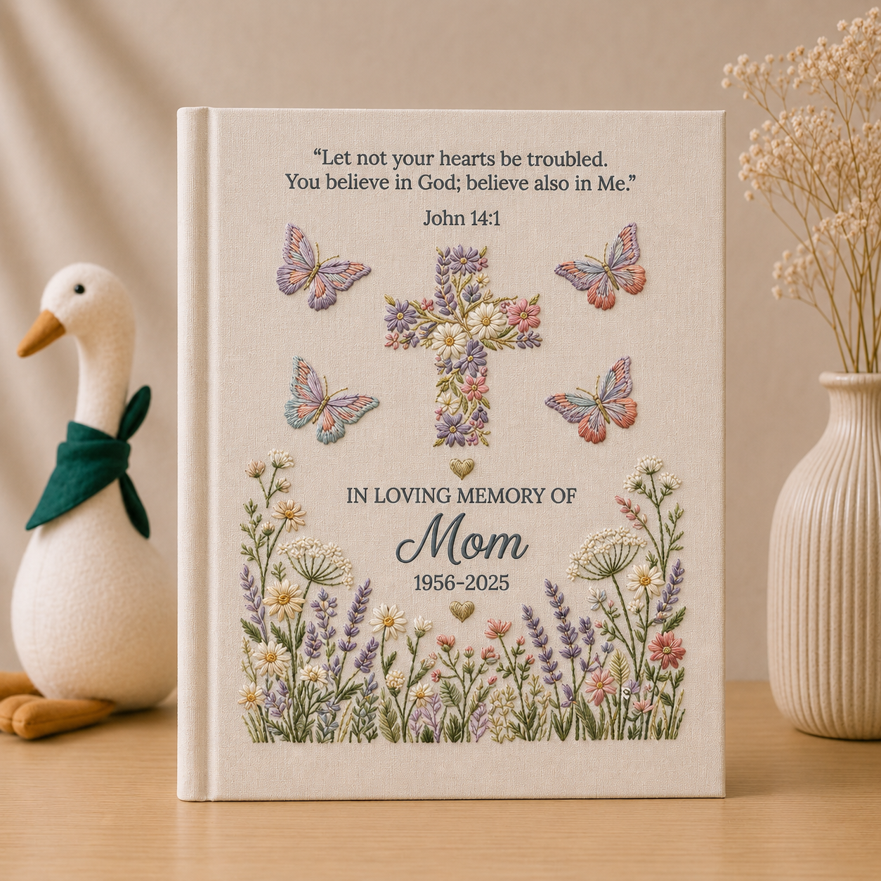 Personalized Memorial Photo Album for Mom Christian Remembrance Book Floral Cross Butterfly Sympathy Gift In Loving Memory Keepsake