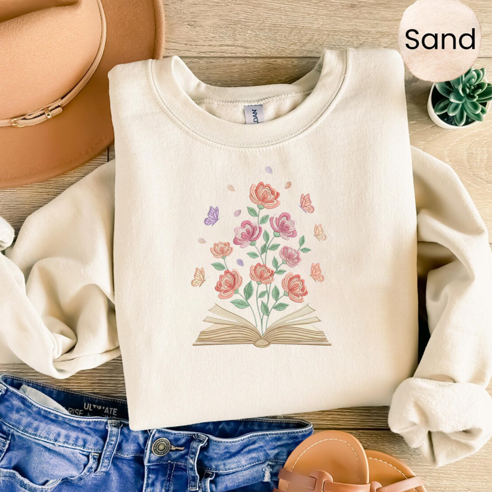 Open Book Floral Embroidery Design, Butterflies, Reading Lover Machine - Sweatshirt