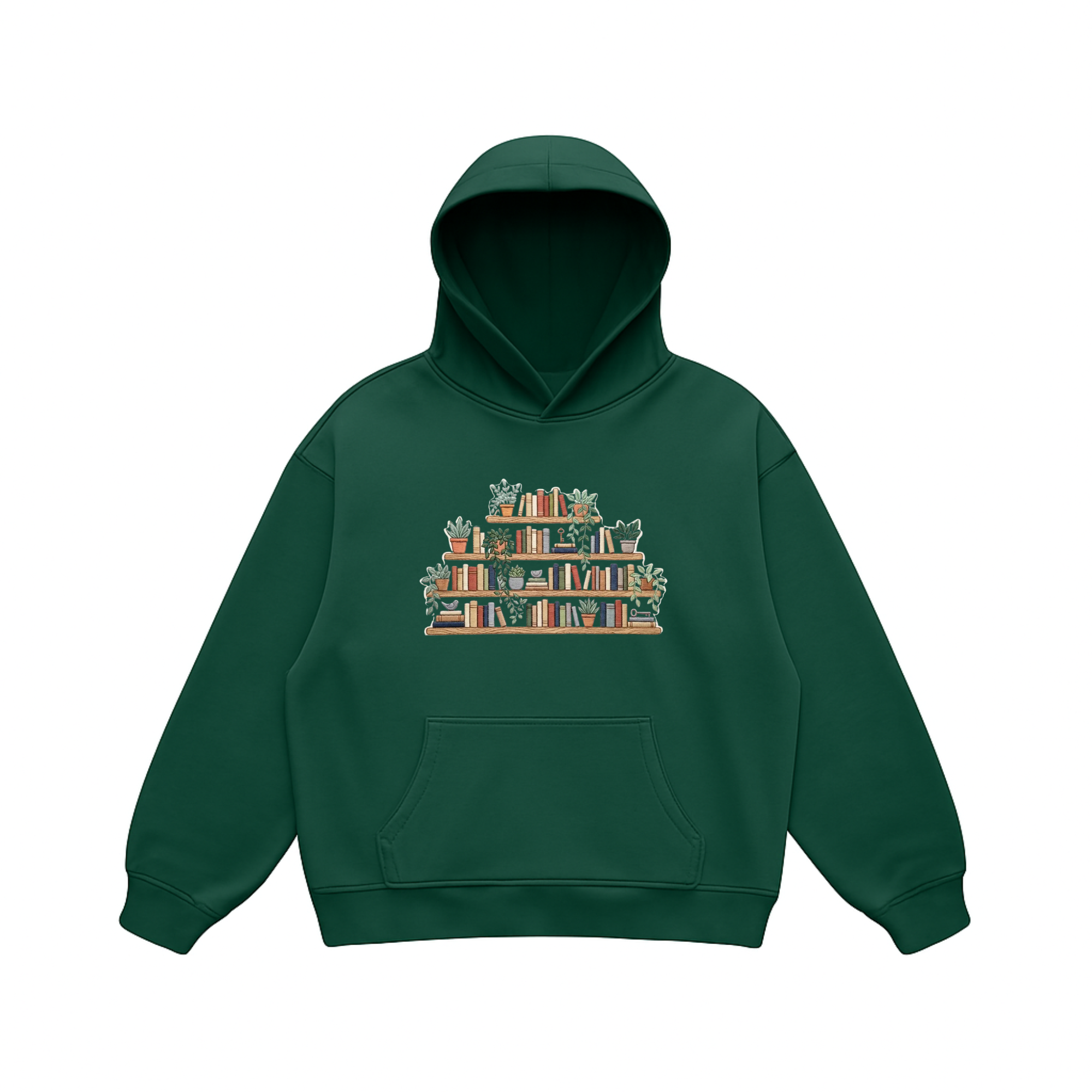 Bookshelf Embroidery Design, Cozy Book Lover Shelf with Plants, Reading Room Machine Embroidery - Hoodie