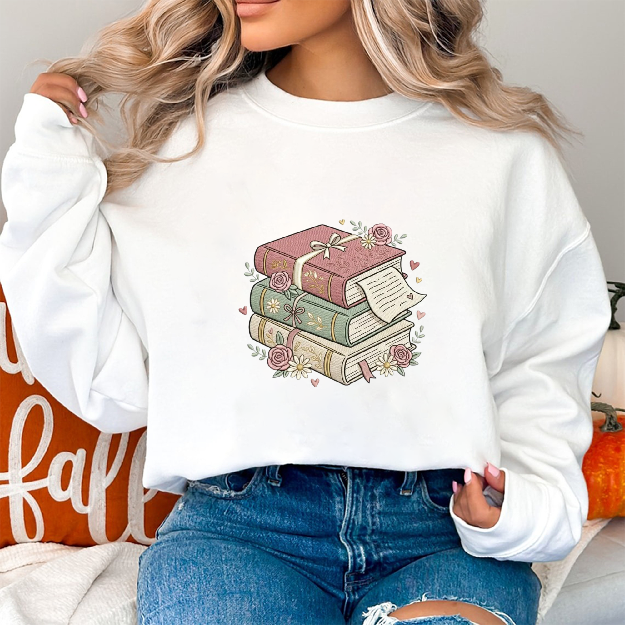 Floral Book Stack Embroidery File, Romantic Cottagecore Reading - Sweatshirt