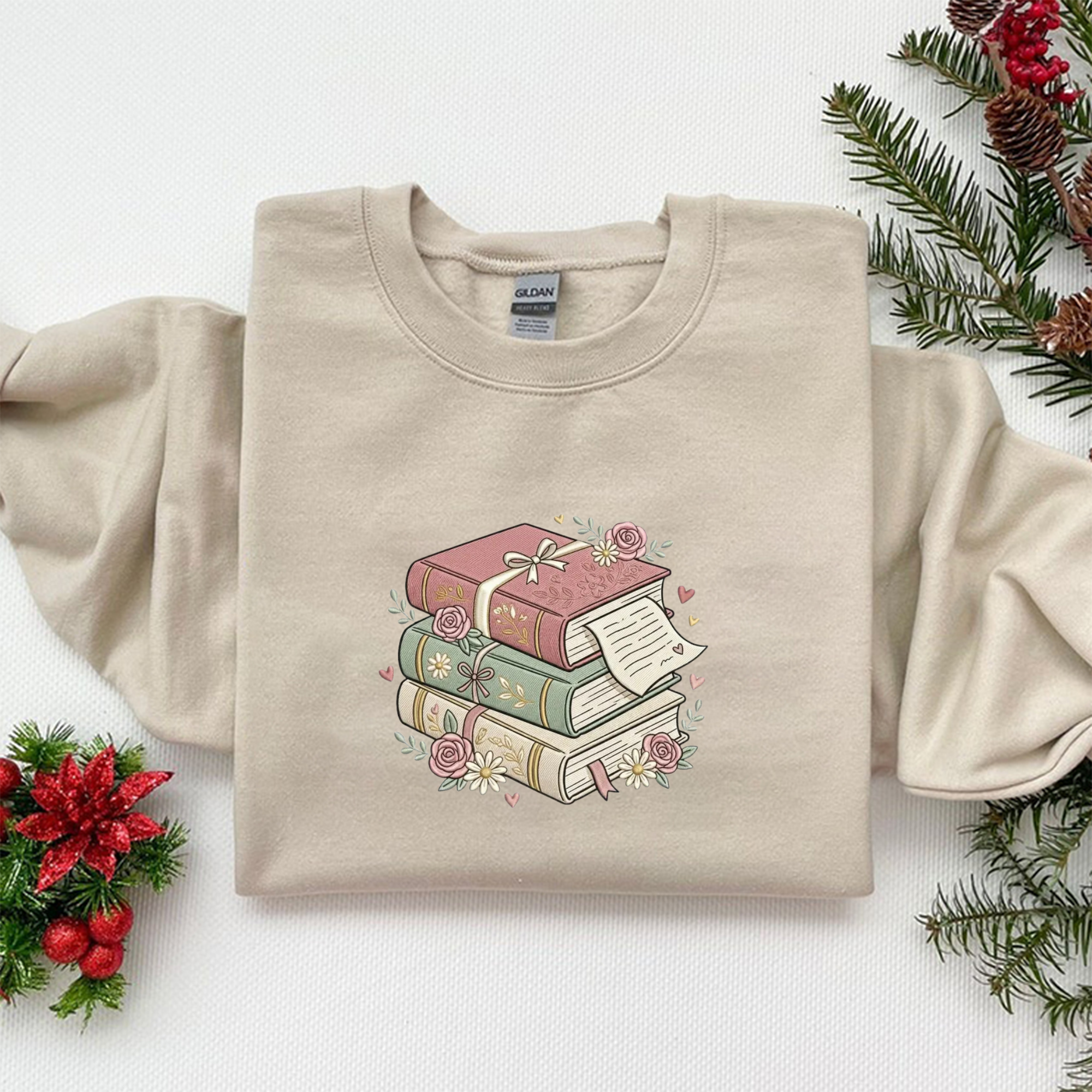 Floral Book Stack Embroidery File, Romantic Cottagecore Reading - Sweatshirt