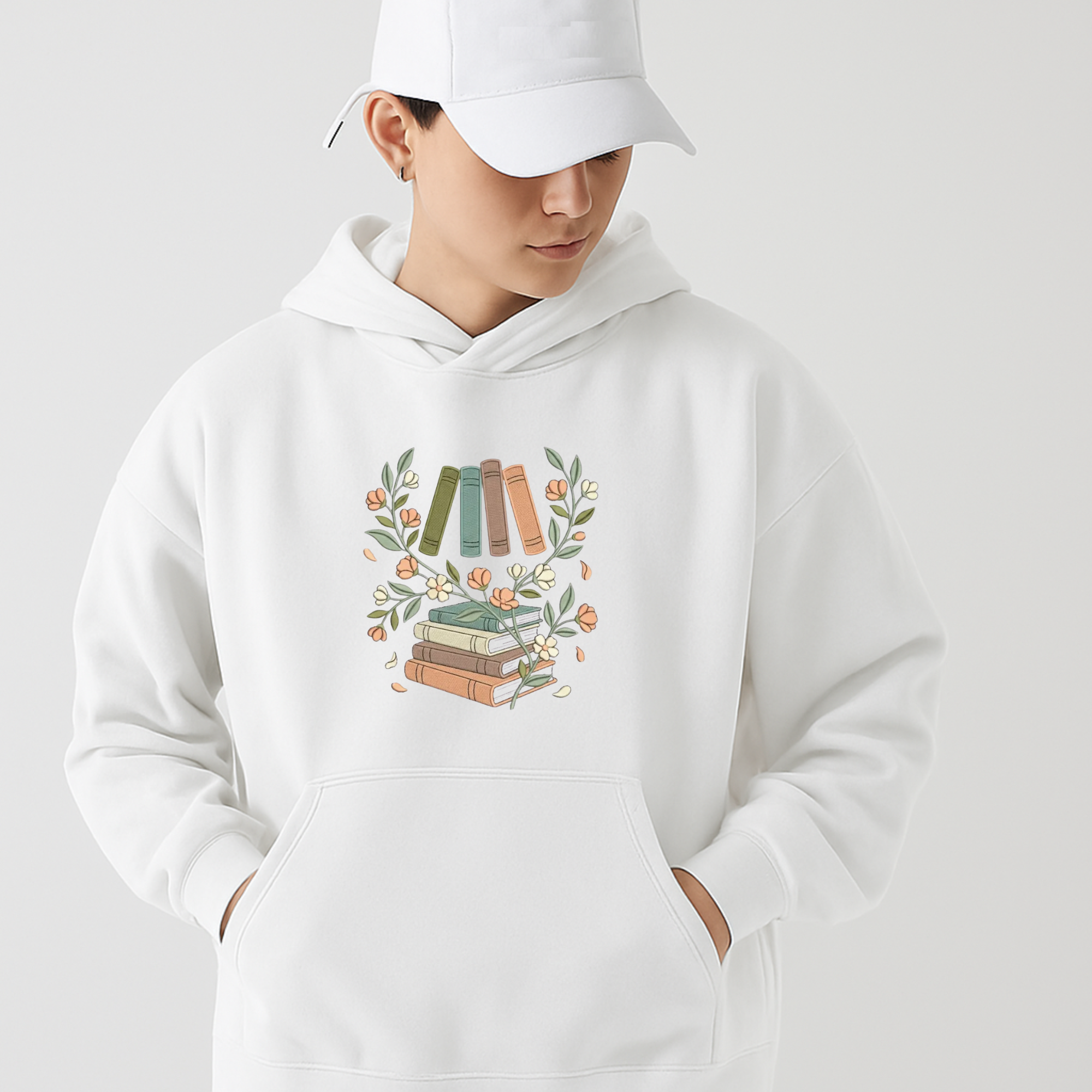Floral Vintage Book Stack Embroidery Design - Hoodie