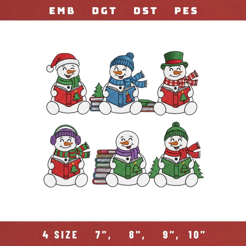 Snowman Reading Embroidery Design, Winter Booktok DIY File