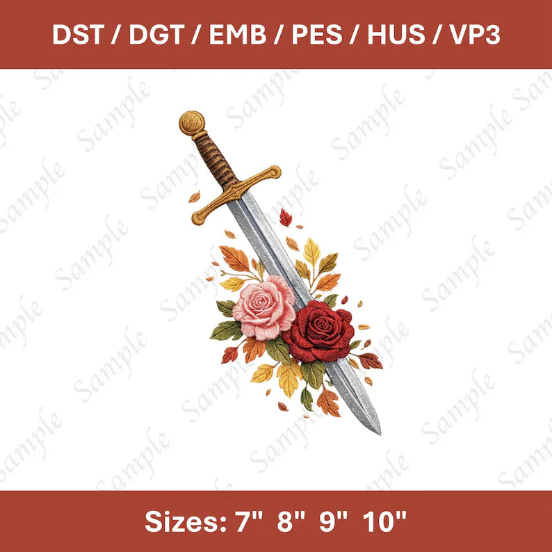 Sword Roses Fantasy Embroidery File Dark Romance Book Lover Design (Digital Download)