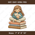 Girl Love Book And Cat Embroidery File Reading Girl Stitch Design