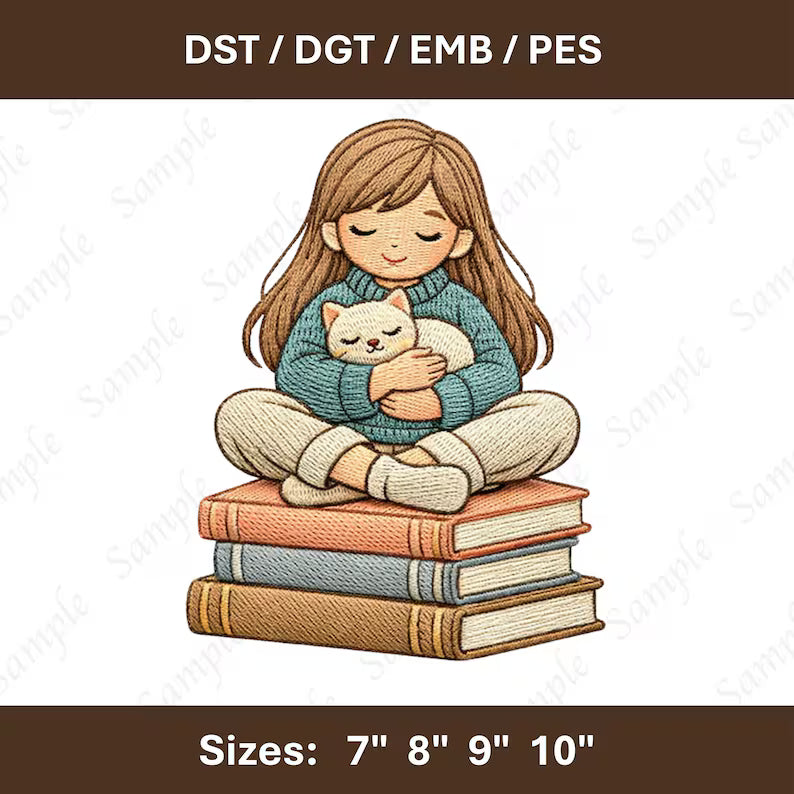 Girl Love Book And Cat Embroidery File Reading Girl Stitch Design