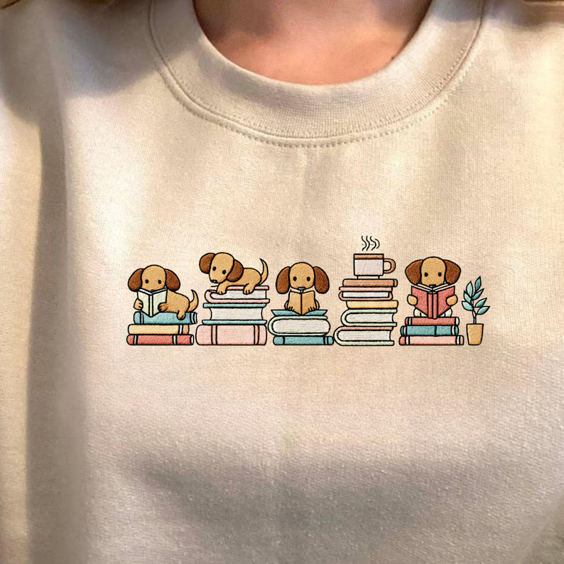 Book Lover Dachshund Embroidery File Reading Wiener Dog Design Bookish Doxie Pattern