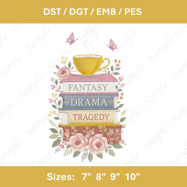 Floral Book FDT Embroidery File Vintage Fantasy Drama Tea Bookish Reading Design