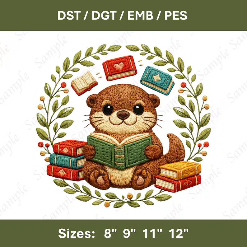 Otter Reading Books Embroidery Design (Digital File)