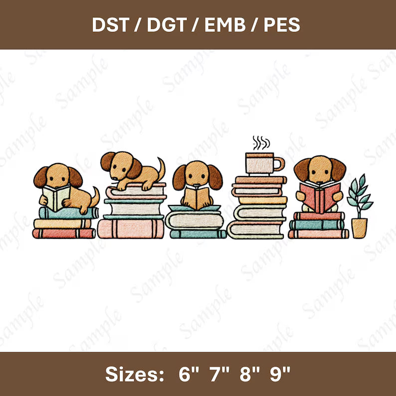 Book Lover Dachshund Embroidery File Reading Wiener Dog Design Bookish Doxie Pattern