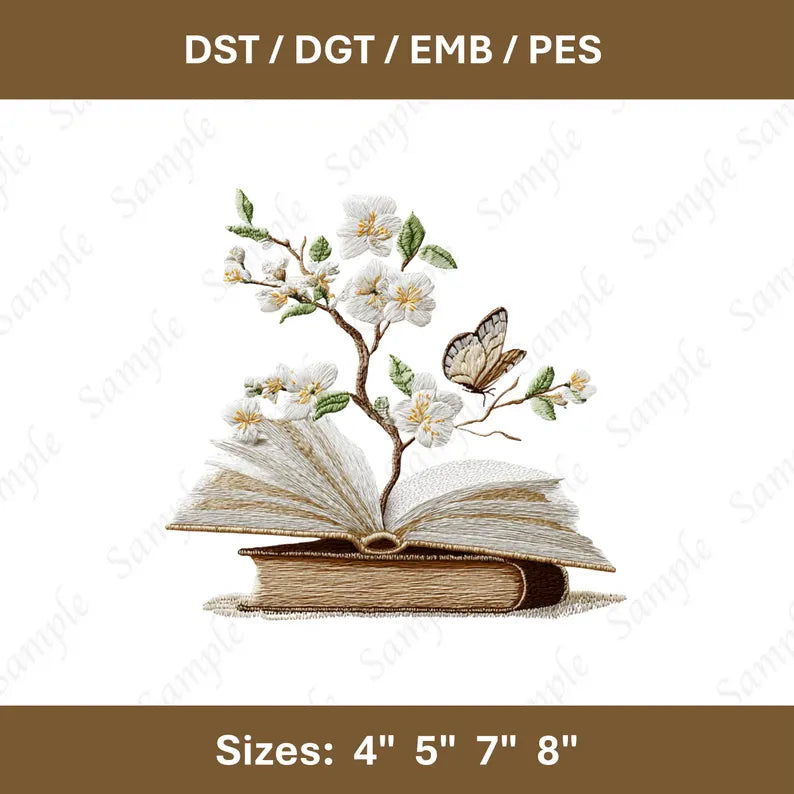 Floral Book Embroidery File Machine Embroidery Design Bookish Cottagecore Reader Gift Pattern