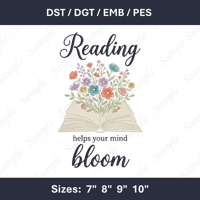 Machine Embroidery Design: Reading Helps Your Mind Bloom Quote (Digital File)