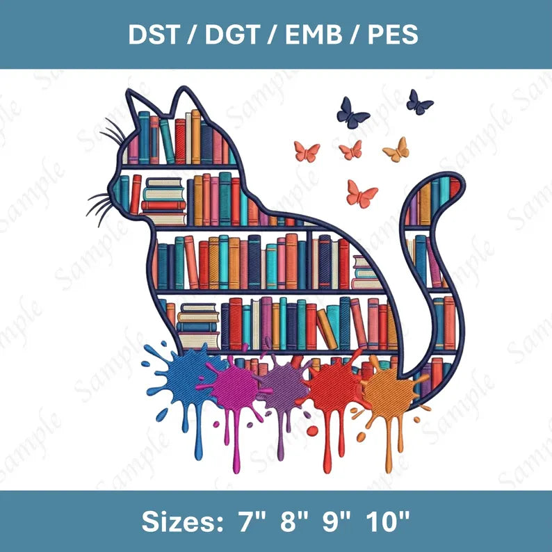 Bookish Cat Embroidery File Book Lover Cat Machine Stitch Design Reading Cat Library Pattern