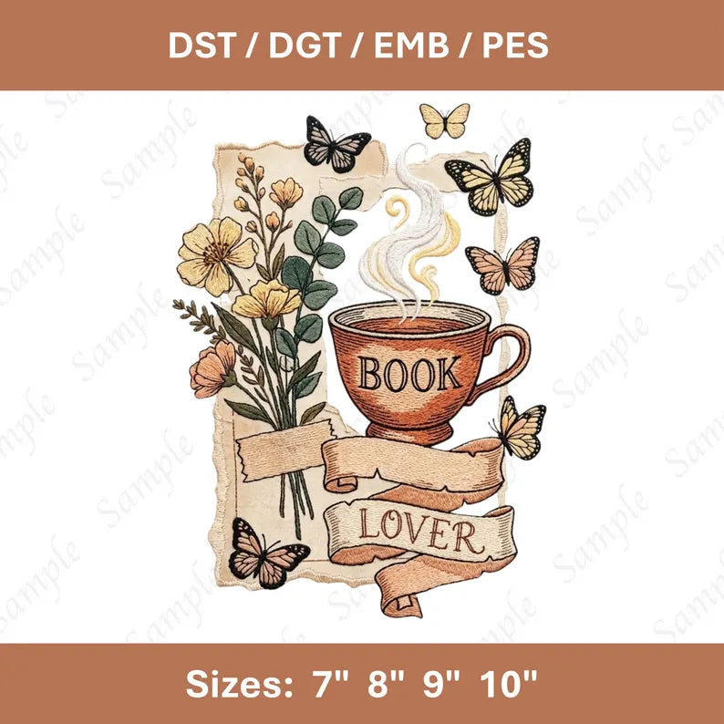Trendy Book Lover Faux Collage Embroidery File Bookworm Machine Embroidery
