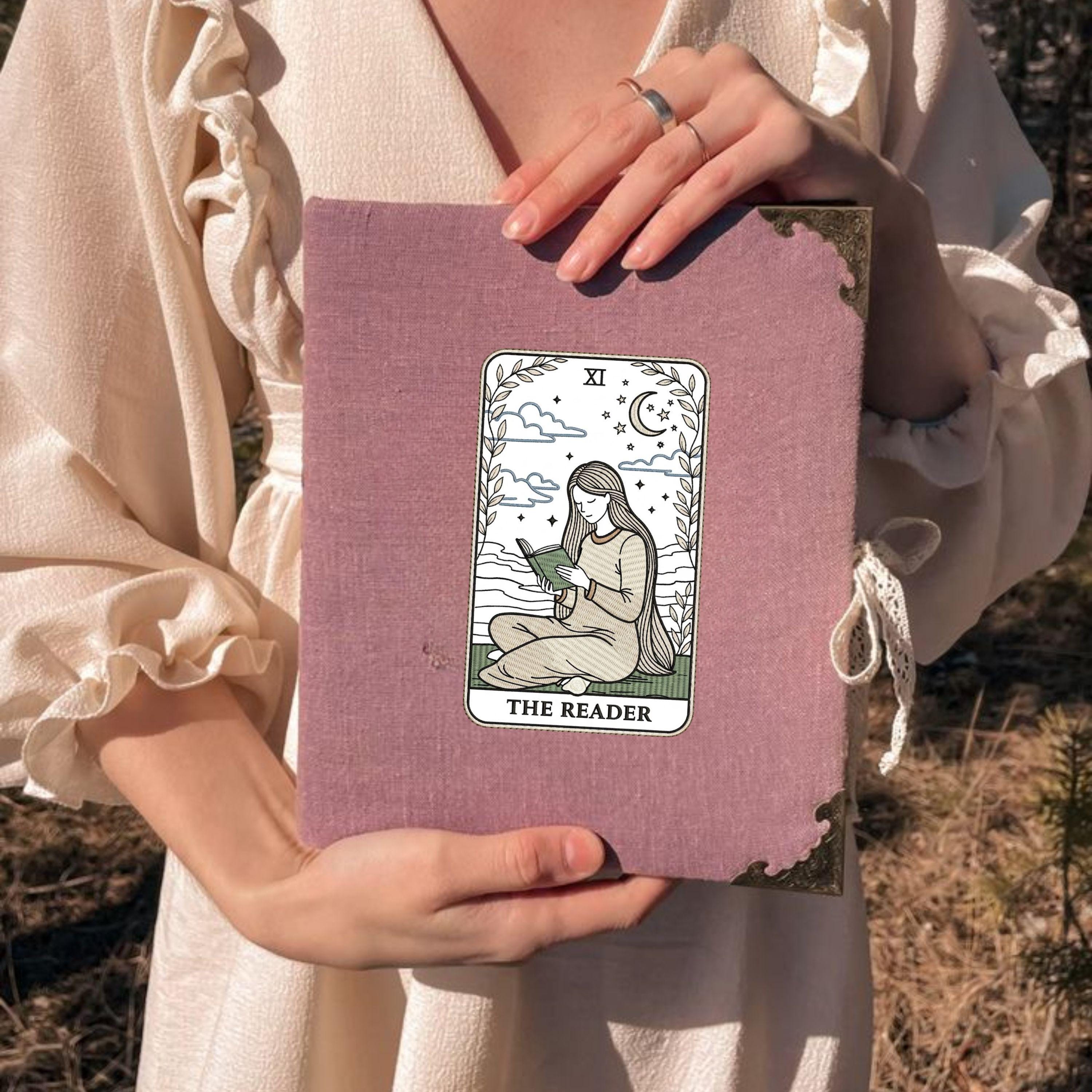 The Reader Tarot Embroidery Design: Woman Reading Moon Stars (Digital File)