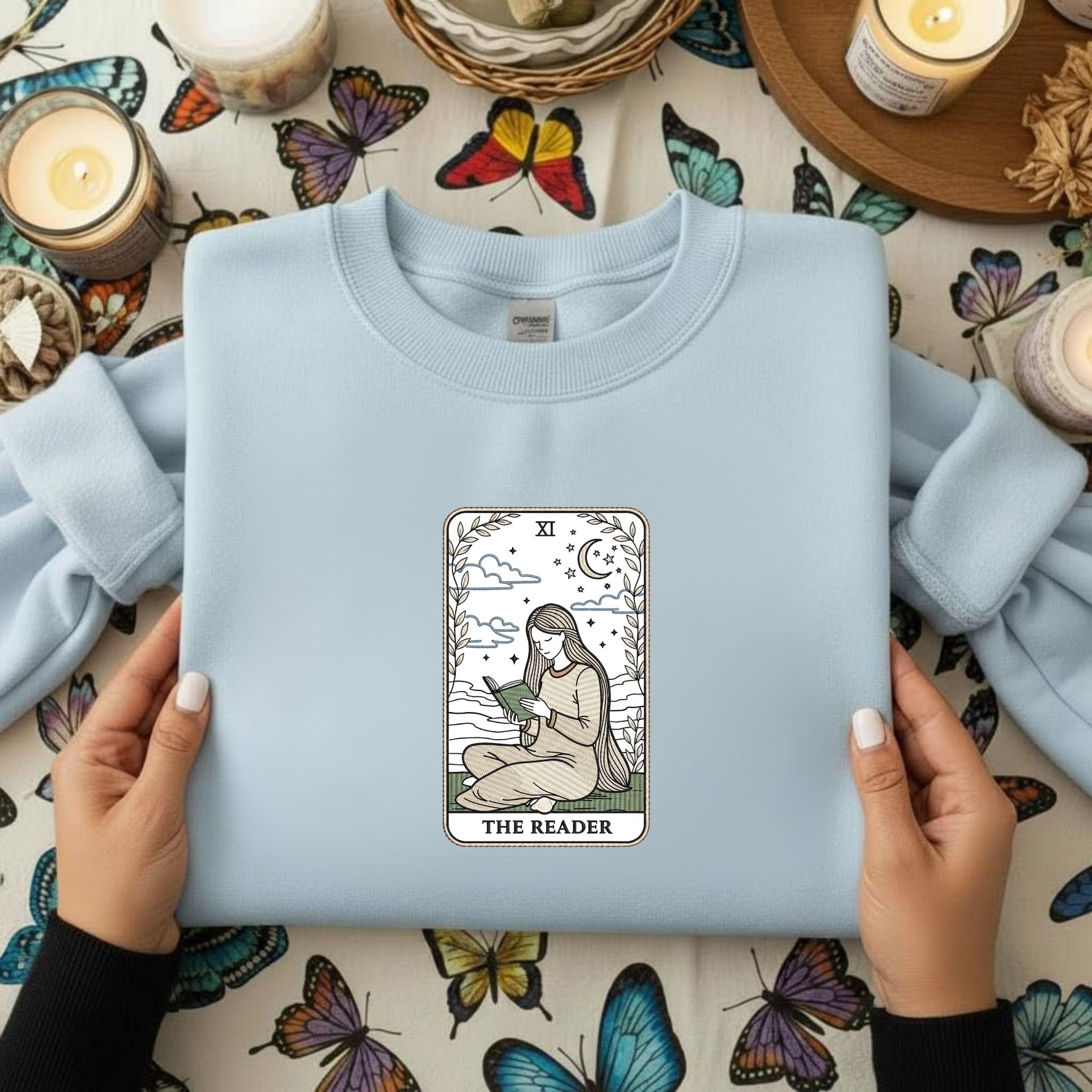 The Reader Tarot Embroidery Design: Woman Reading Moon Stars (Digital File)