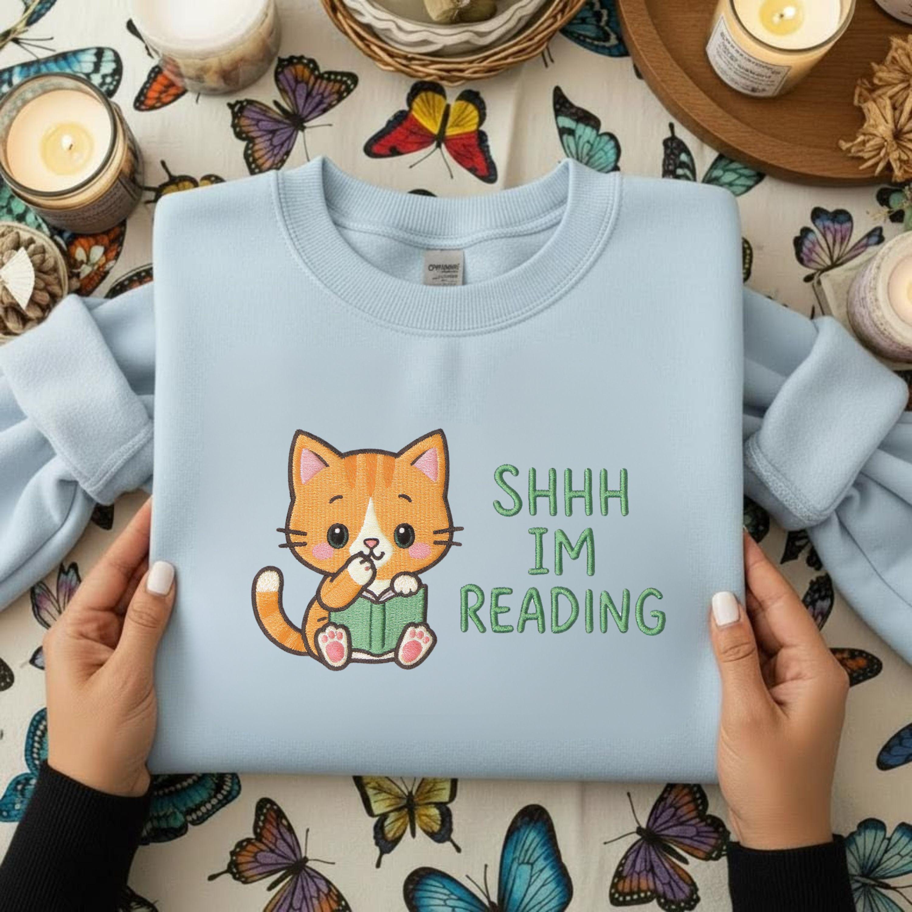 Shhh Im Reading – Cat Embroidery Design (Digital File)