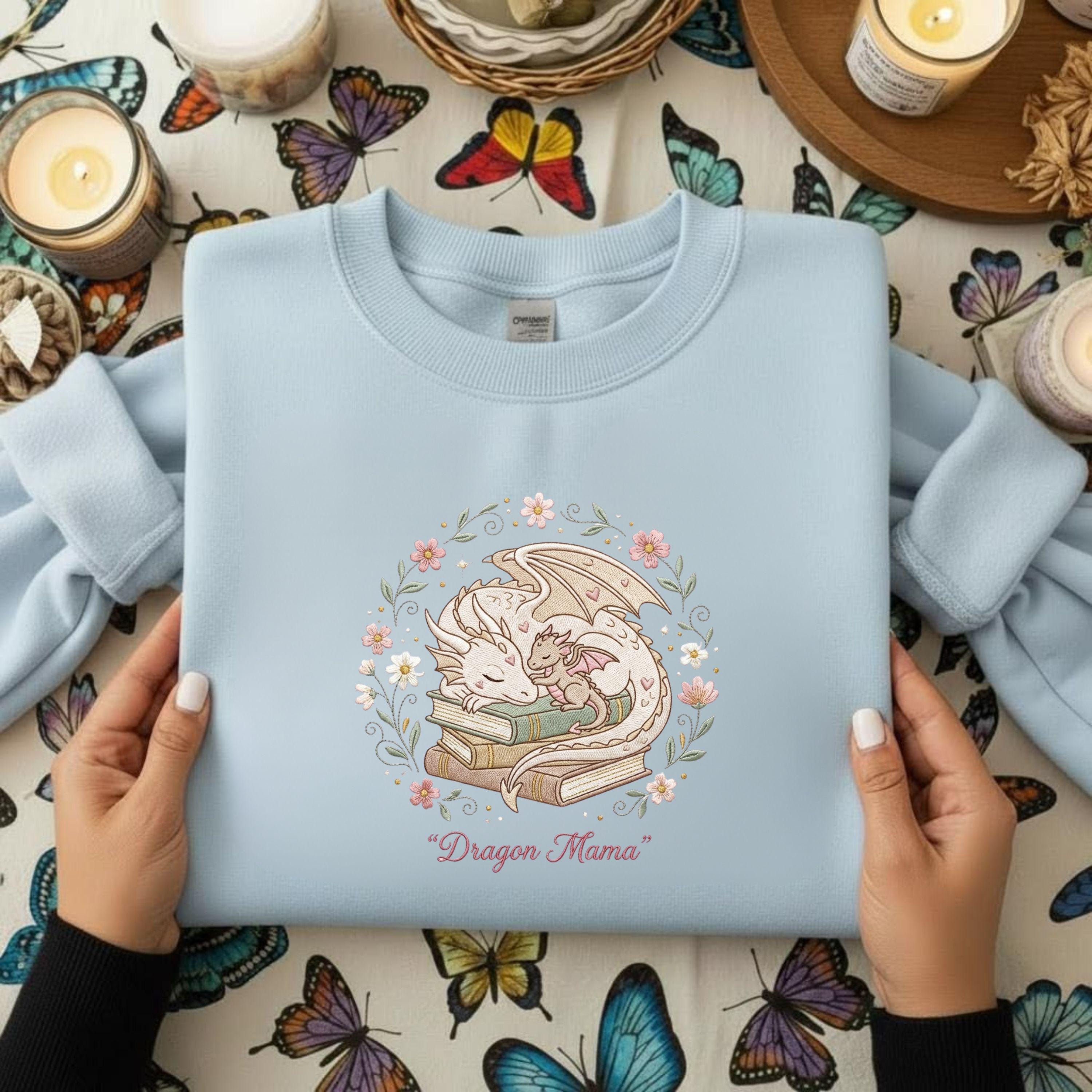 Dragon Mama Embroidery: Sleeping Dragon with Baby, Floral Fantasy Design (Digital)