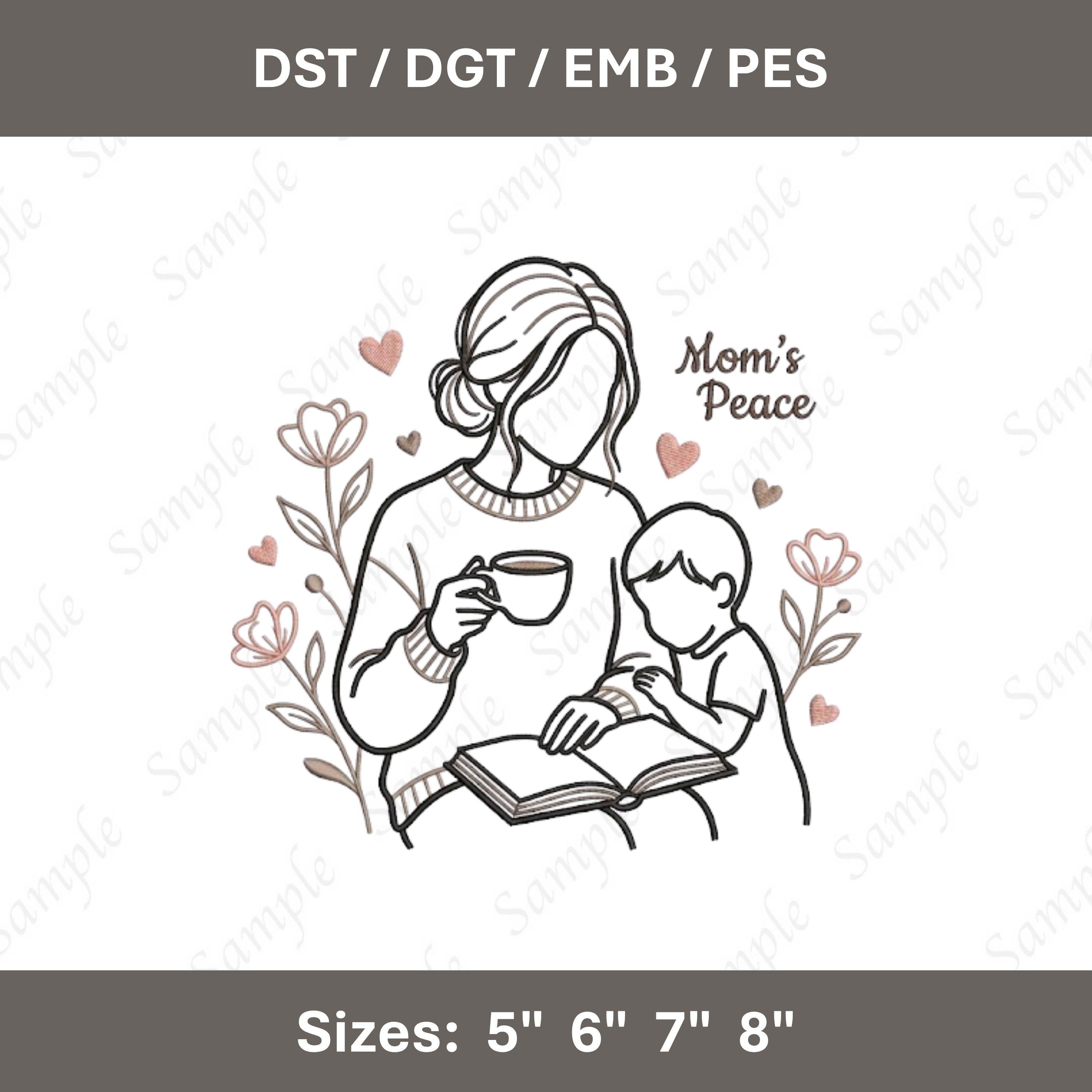 Mom's Peace Embroidery File: Mother Child Reading, Floral Coffee Design (Digital File)