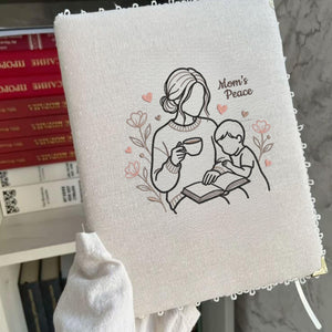 Mom's Peace Embroidery File: Mother Child Reading, Floral Coffee Design (Digital File)