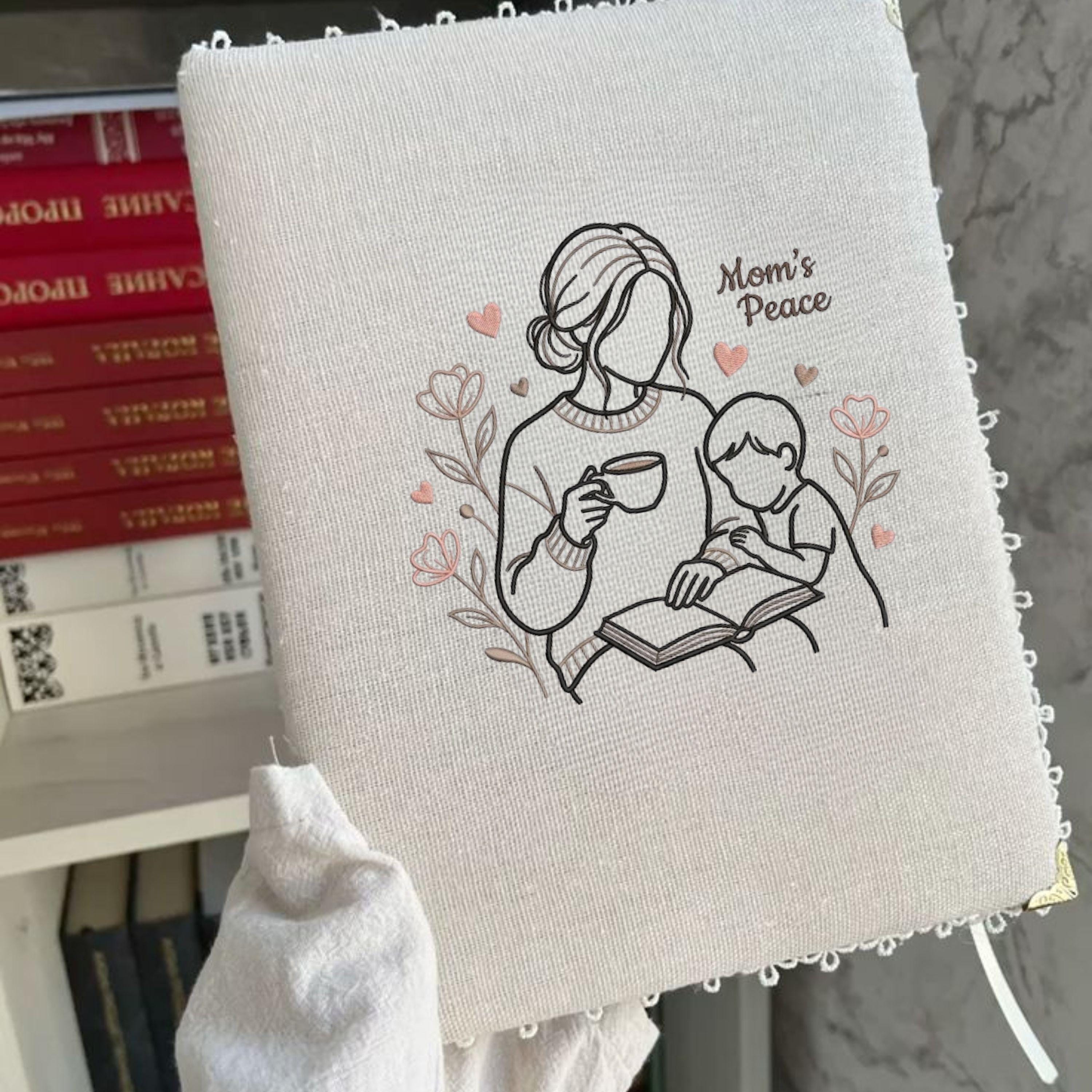Mom's Peace Embroidery File: Mother Child Reading, Floral Coffee Design (Digital File)