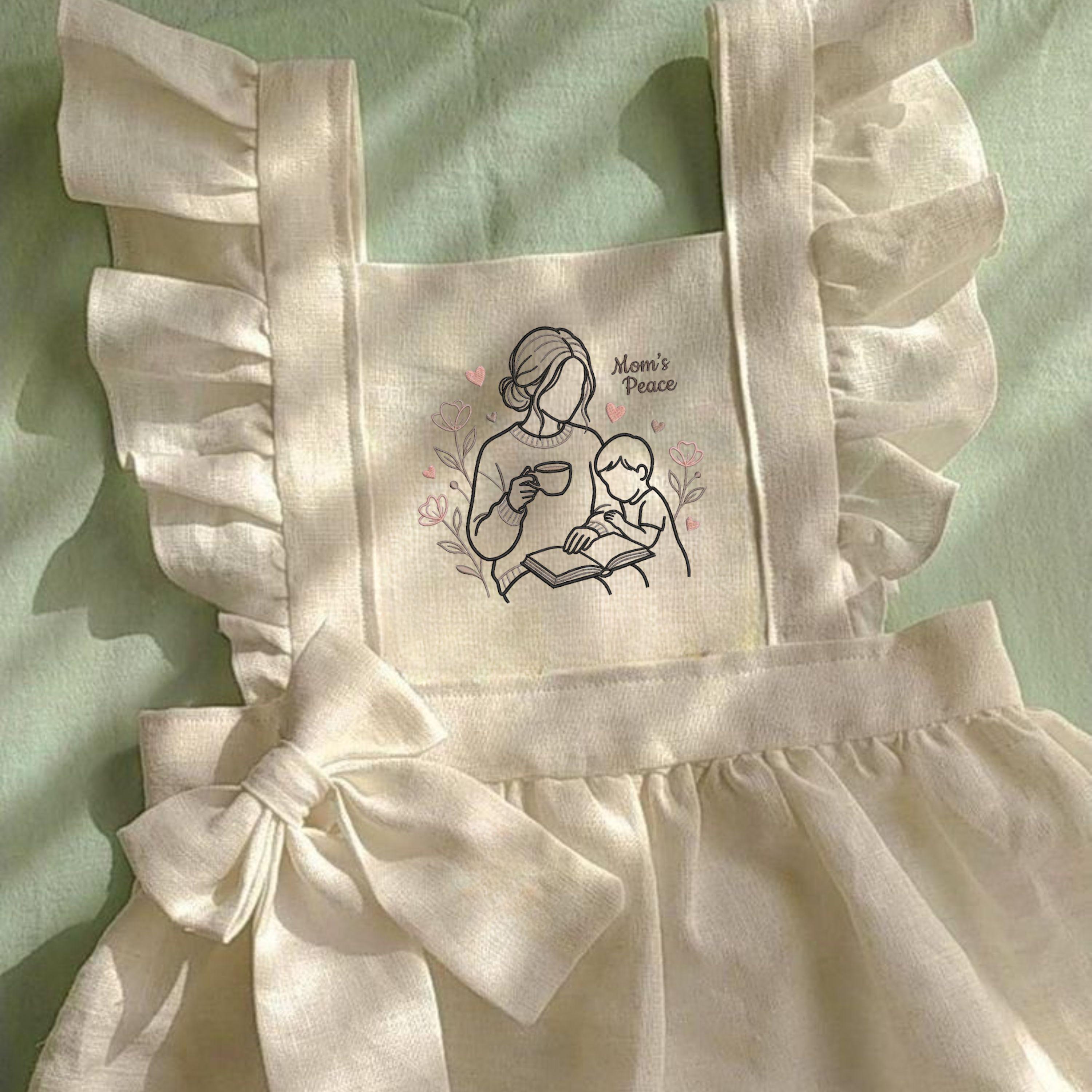 Mom's Peace Embroidery File: Mother Child Reading, Floral Coffee Design (Digital File)