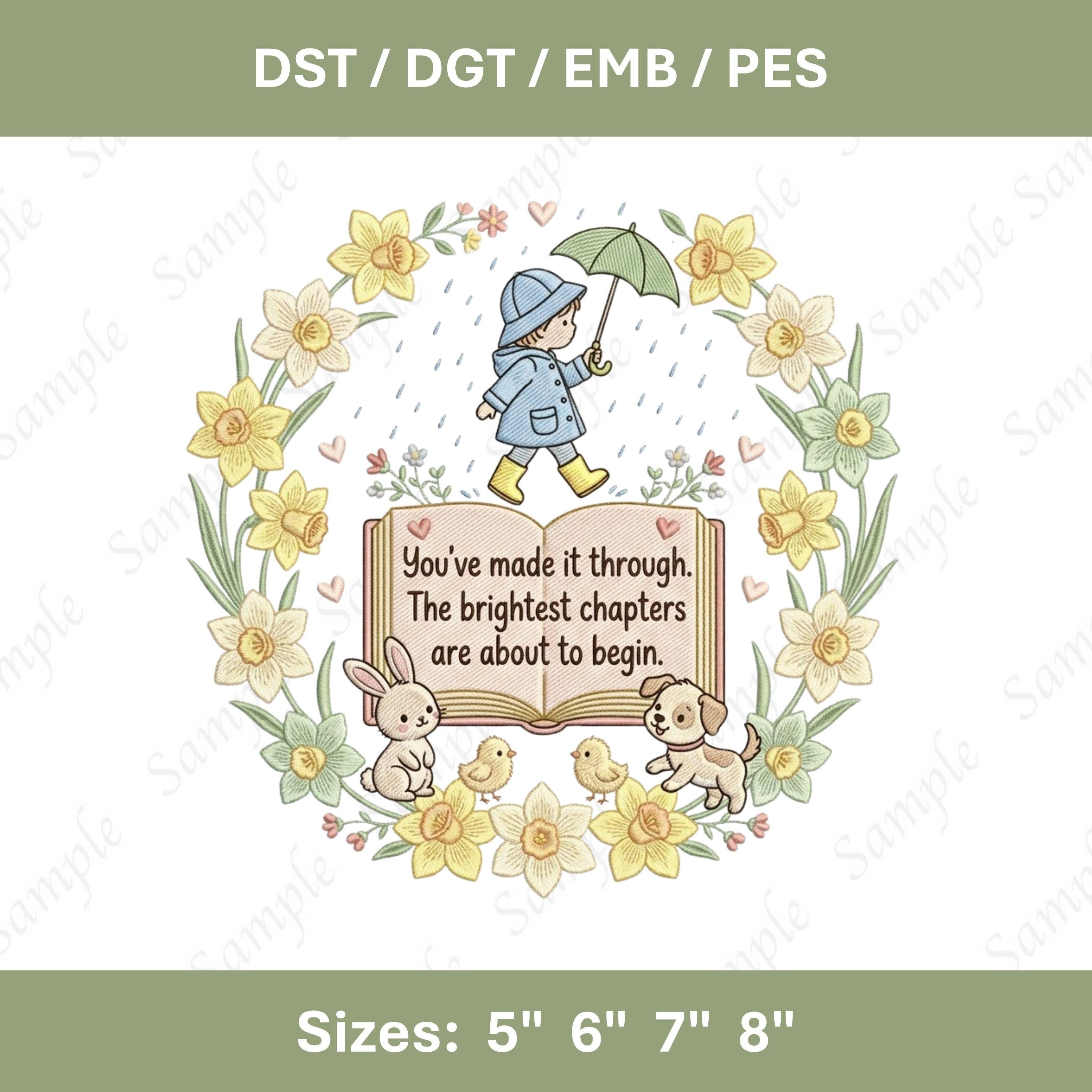 Embroidery Design – Child, Bunny, Puppy, Daffodils, Storybook (Digital File)