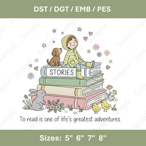Embroidery Design: Child, Puppy, Bunny on Books – Reading Adventure Machine Pattern (Digital Download)