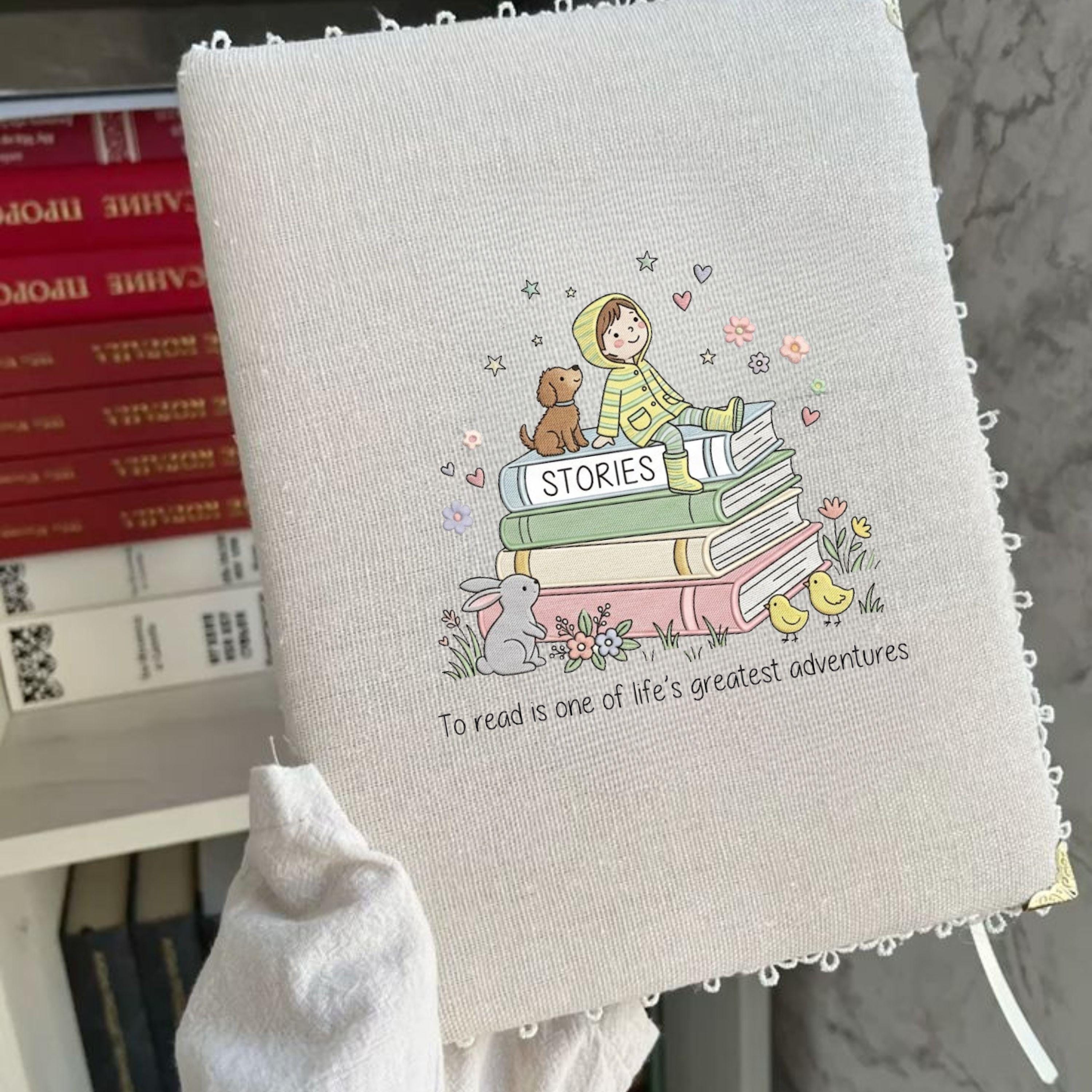 Embroidery Design: Child, Puppy, Bunny on Books – Reading Adventure Machine Pattern (Digital Download)