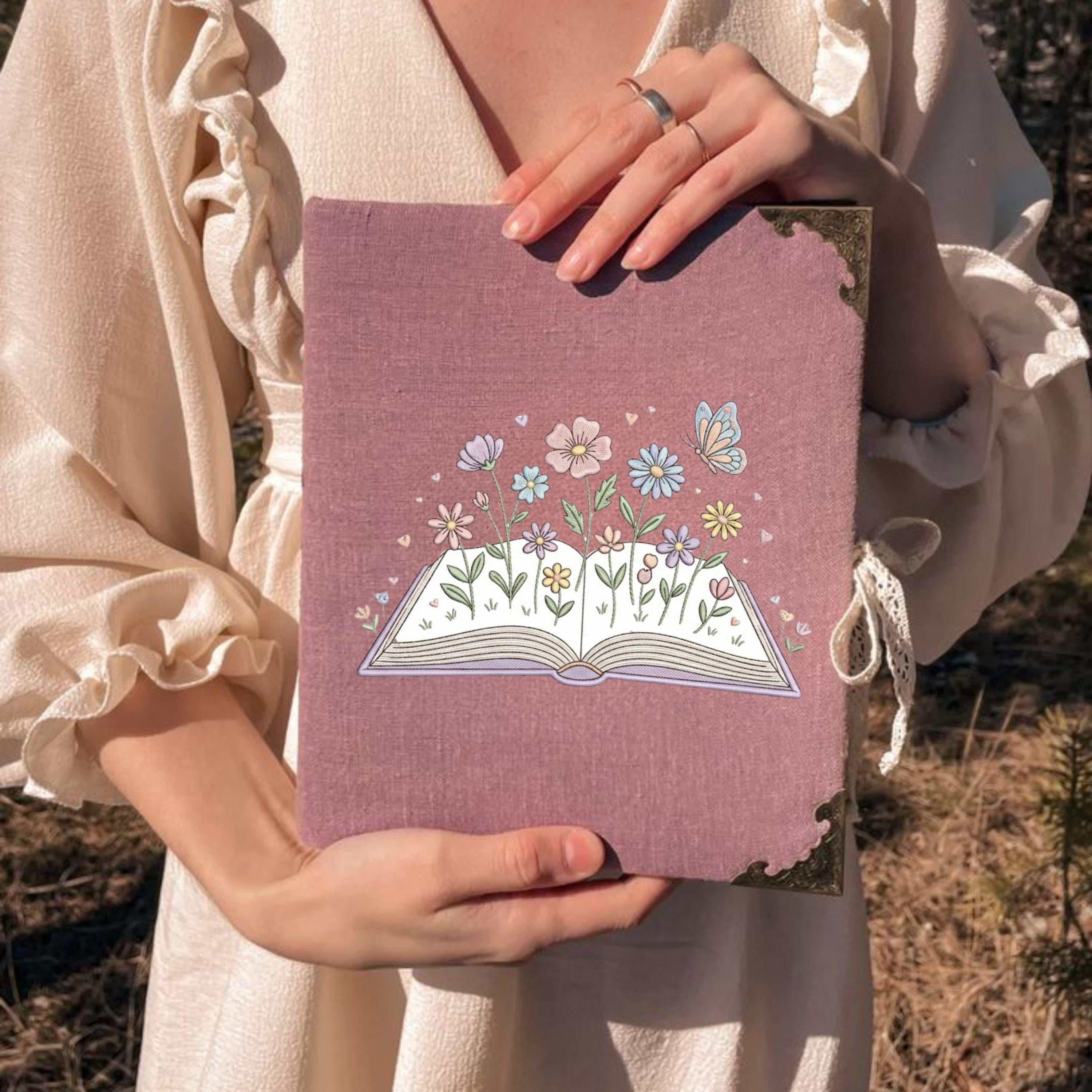 Floral Open Book Embroidery Design – Flowers, Butterfly Machine Pattern (Digital Download)