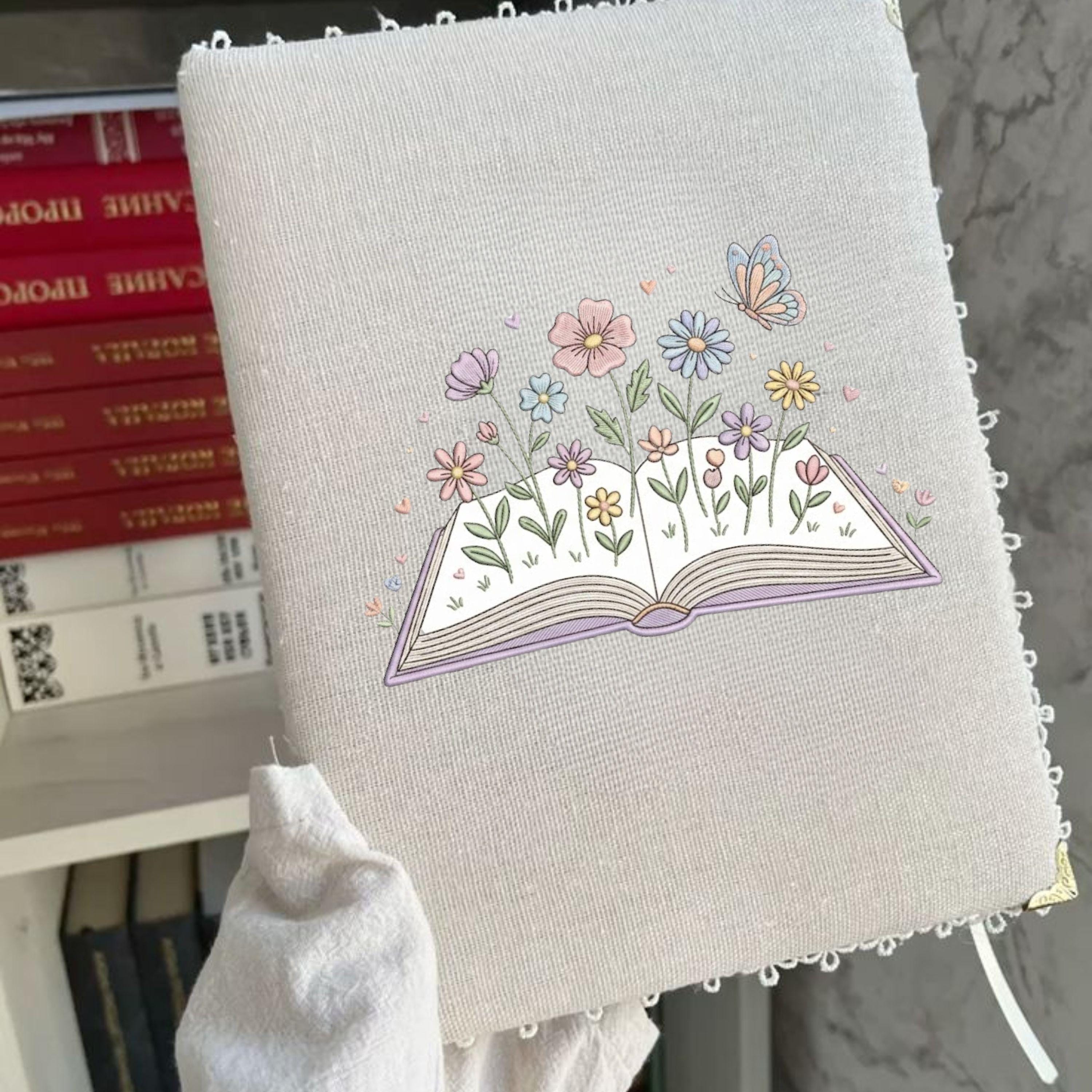 Floral Open Book Embroidery Design – Flowers, Butterfly Machine Pattern (Digital Download)
