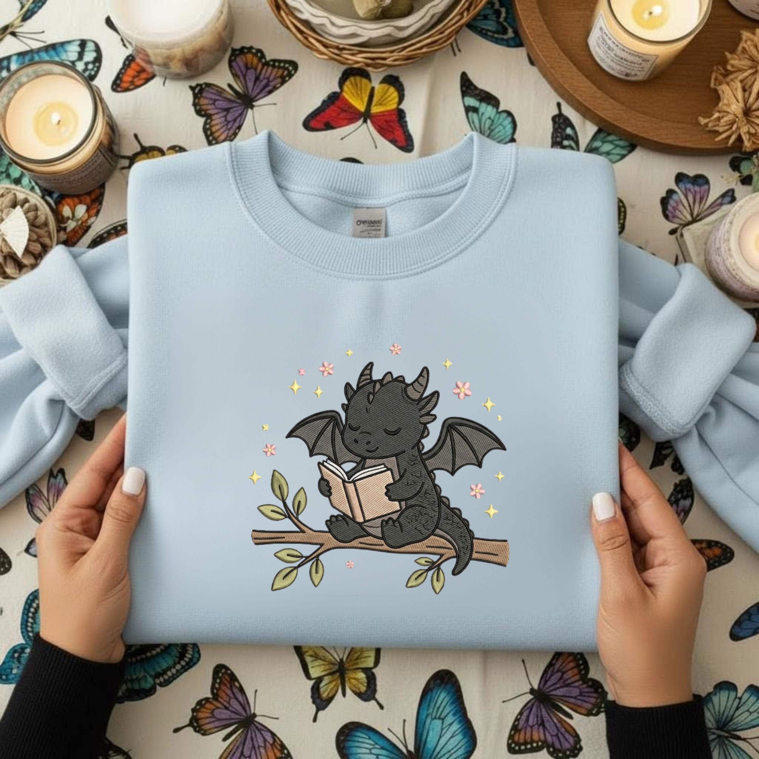 Baby Dragon Reading Book Embroidery Design (Digital File)