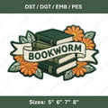 Bookworm Embroidery Design: Stacked Books, Floral Accents (Digital Download)