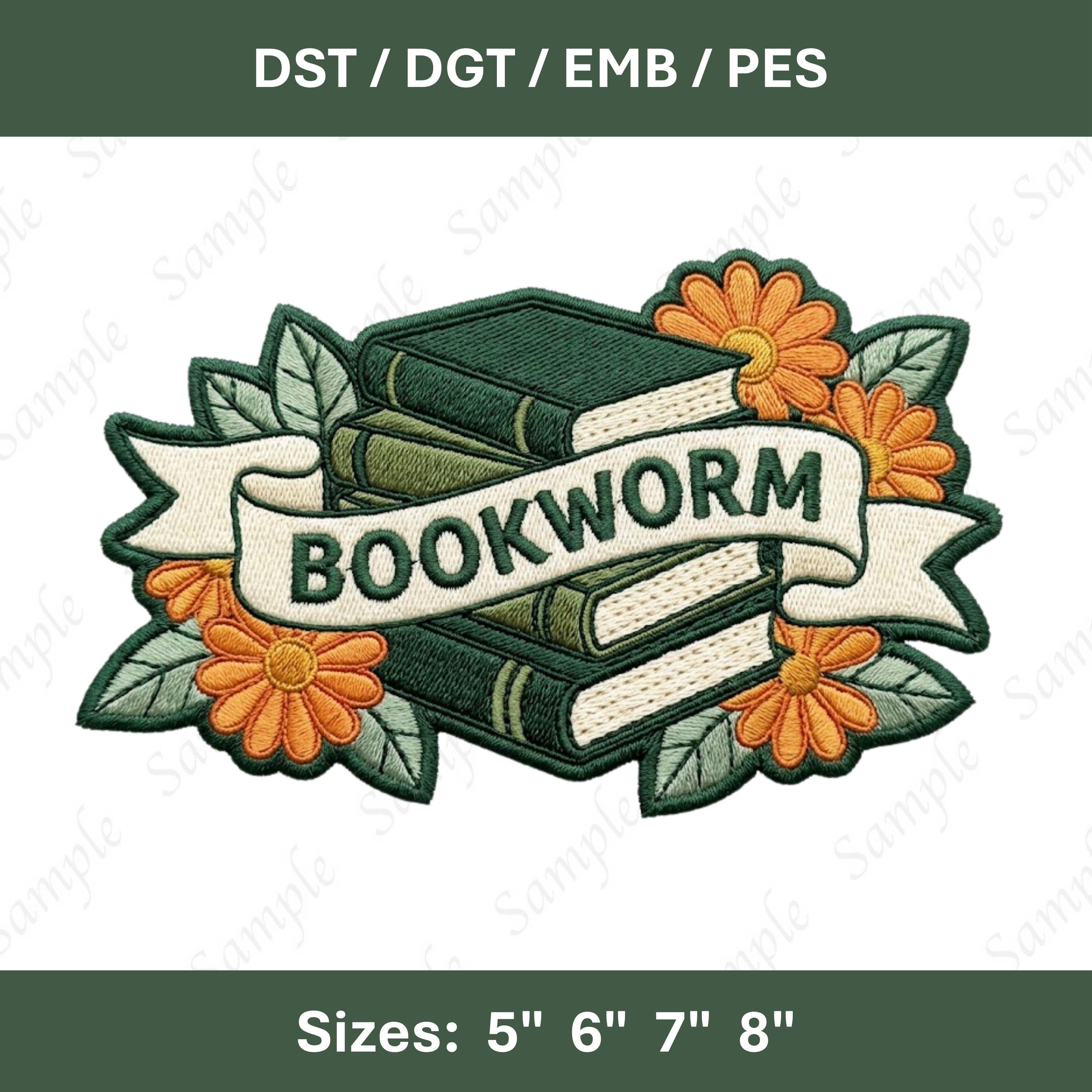 Bookworm Embroidery Design: Stacked Books, Floral Accents (Digital Download)
