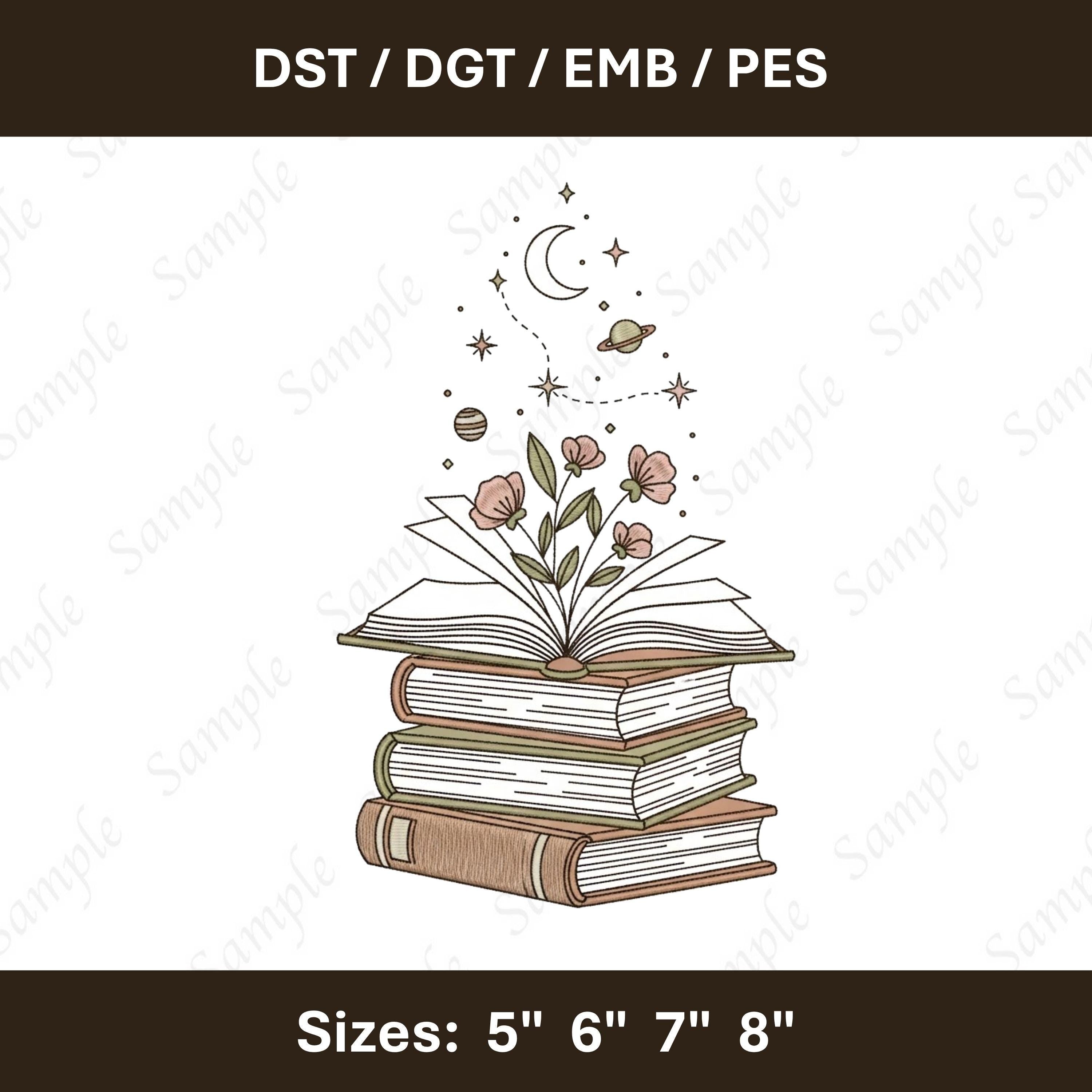 Book Stack Embroidery File: Floral Magic Reading Design (Digital Download)