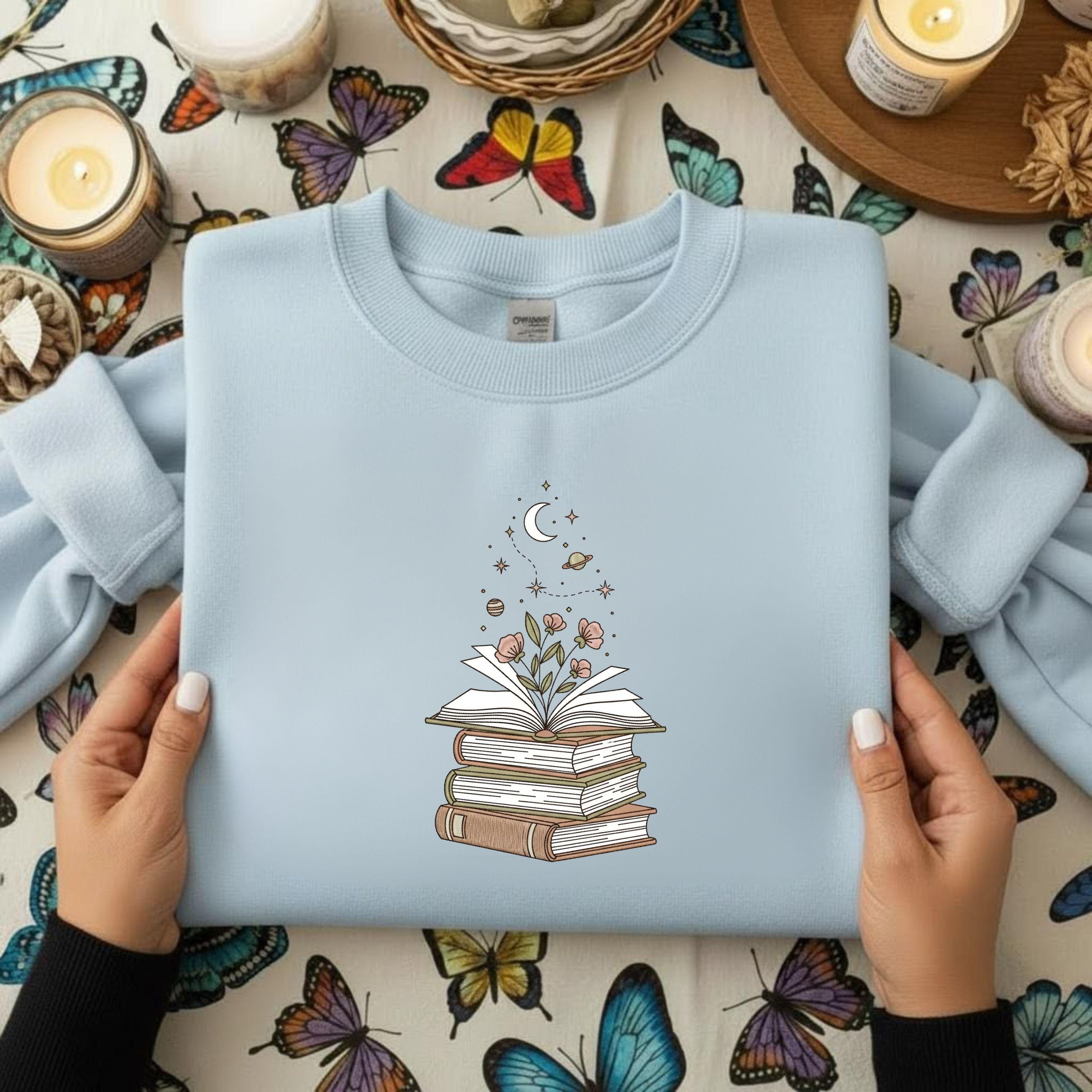 Book Stack Embroidery File: Floral Magic Reading Design (Digital Download)