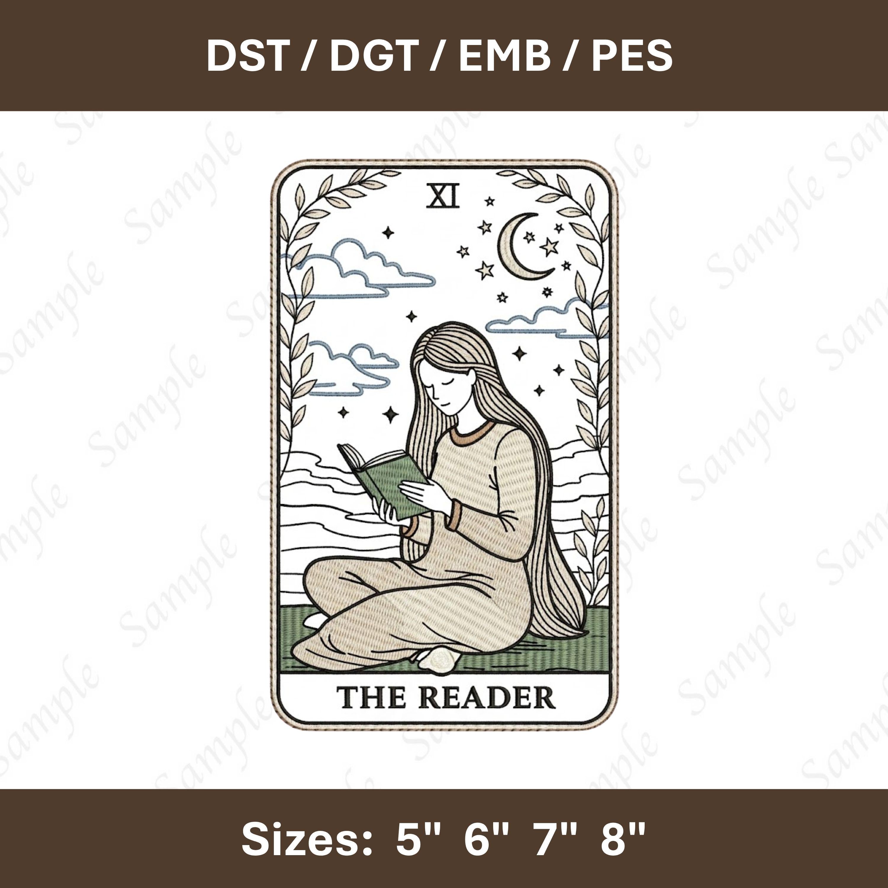 The Reader Tarot Embroidery Design: Woman Reading Moon Stars (Digital File)