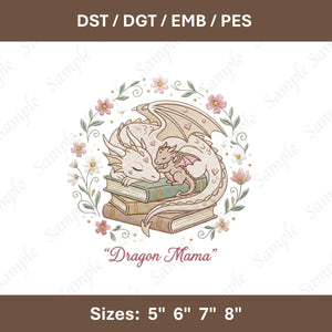 Dragon Mama Embroidery: Sleeping Dragon with Baby, Floral Fantasy Design (Digital)