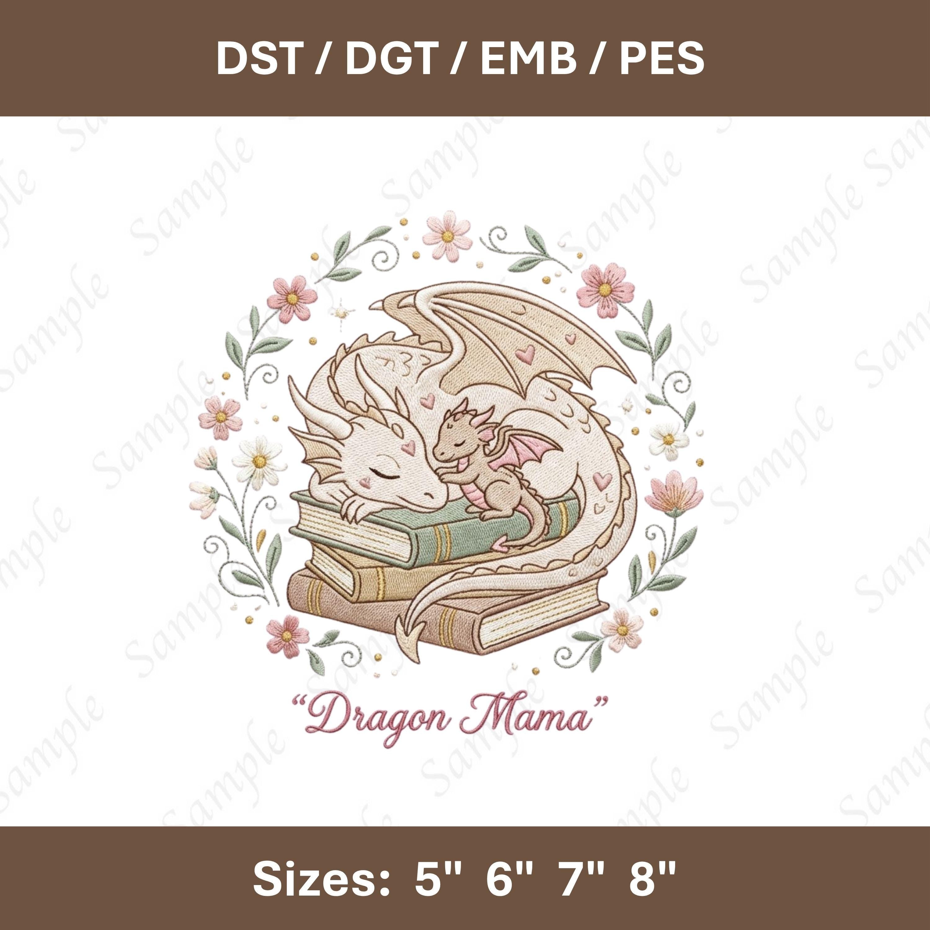 Dragon Mama Embroidery: Sleeping Dragon with Baby, Floral Fantasy Design (Digital)