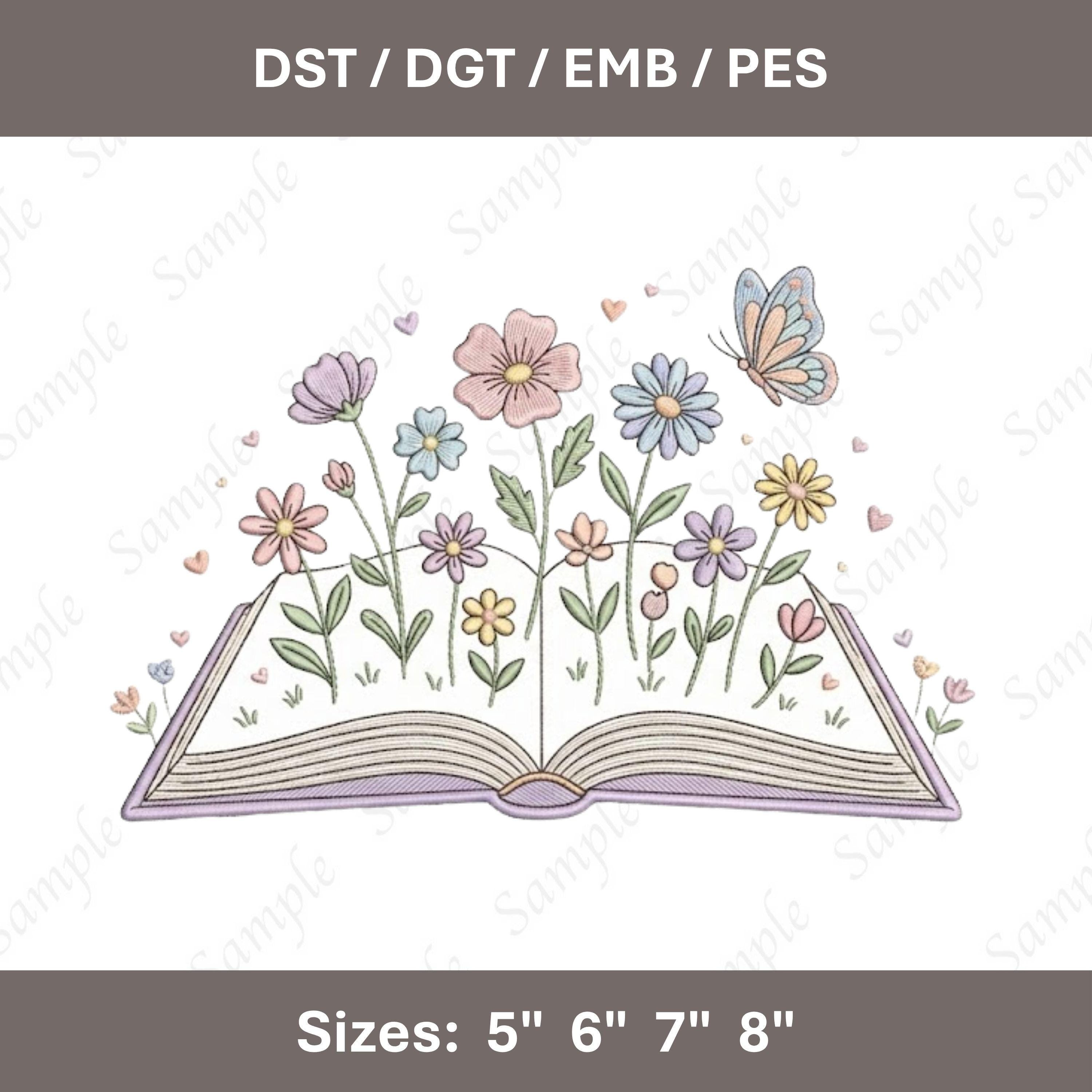 Floral Open Book Embroidery Design – Flowers, Butterfly Machine Pattern (Digital Download)
