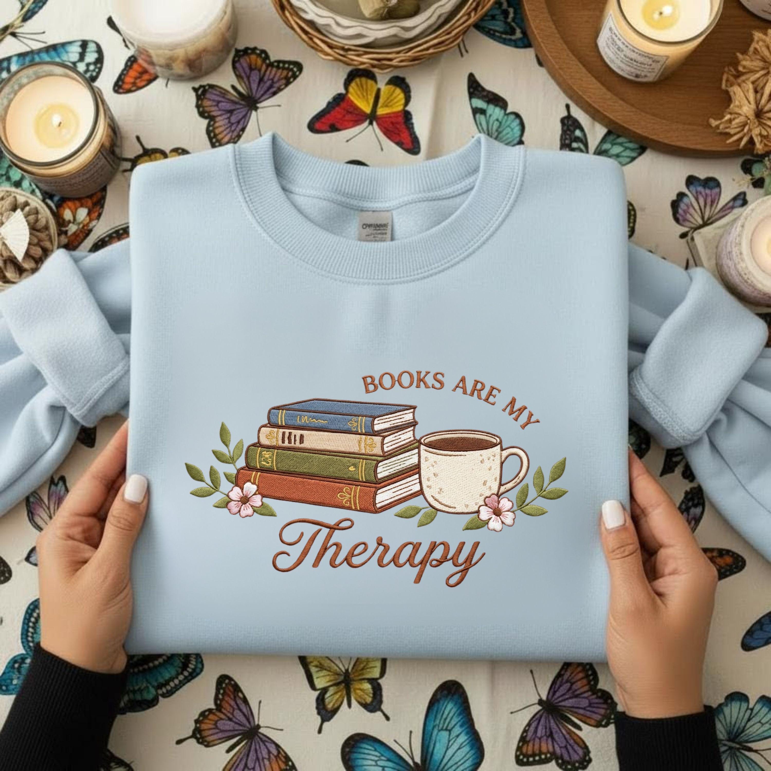 Books Are My Therapy Embroidery Design: Cozy Book Lover Coffee Floral Stack (Digital File)