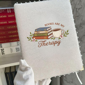 Books Are My Therapy Embroidery Design: Cozy Book Lover Coffee Floral Stack (Digital File)