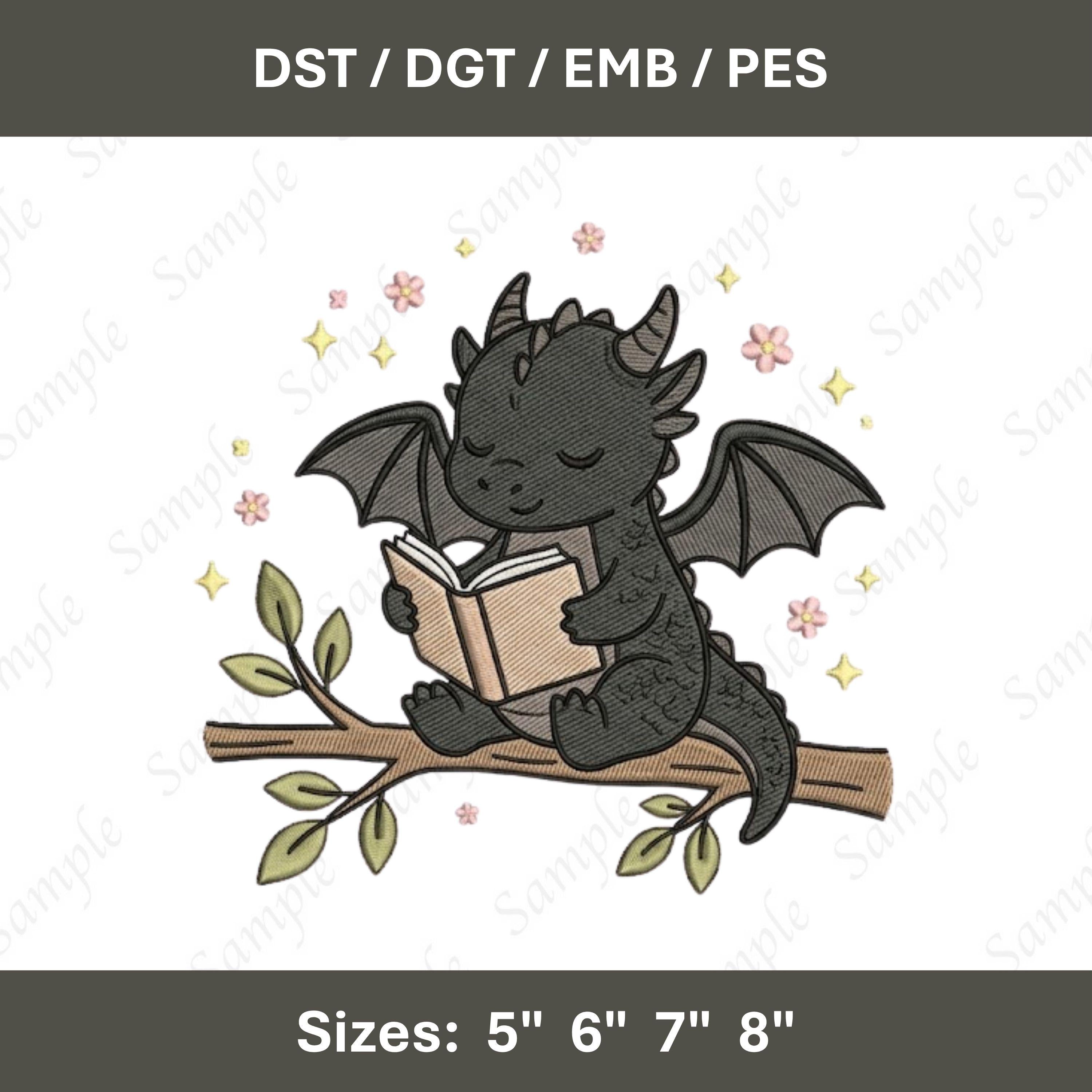 Baby Dragon Reading Book Embroidery Design (Digital File)