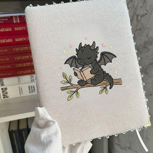 Baby Dragon Reading Book Embroidery Design (Digital File)