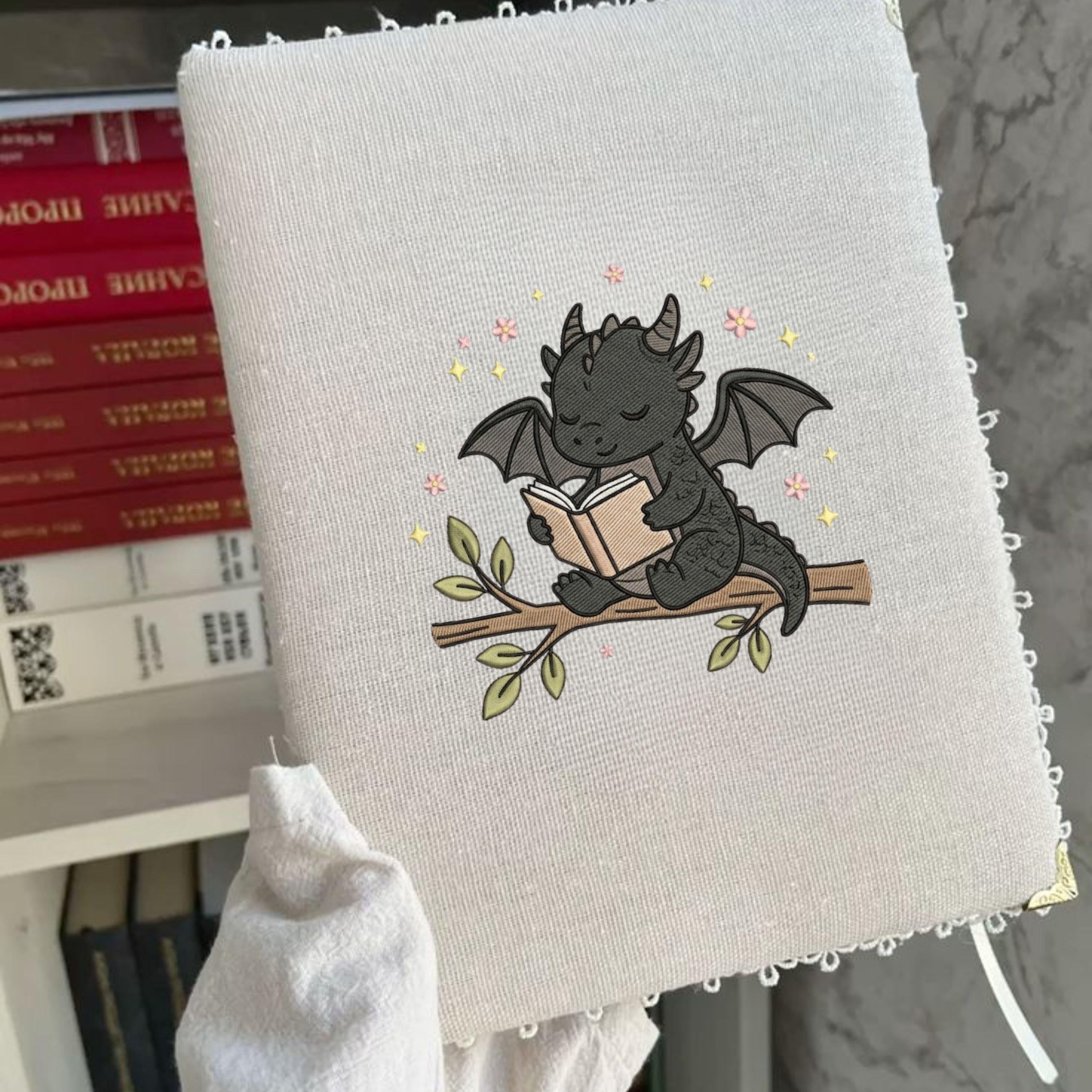 Baby Dragon Reading Book Embroidery Design (Digital File)