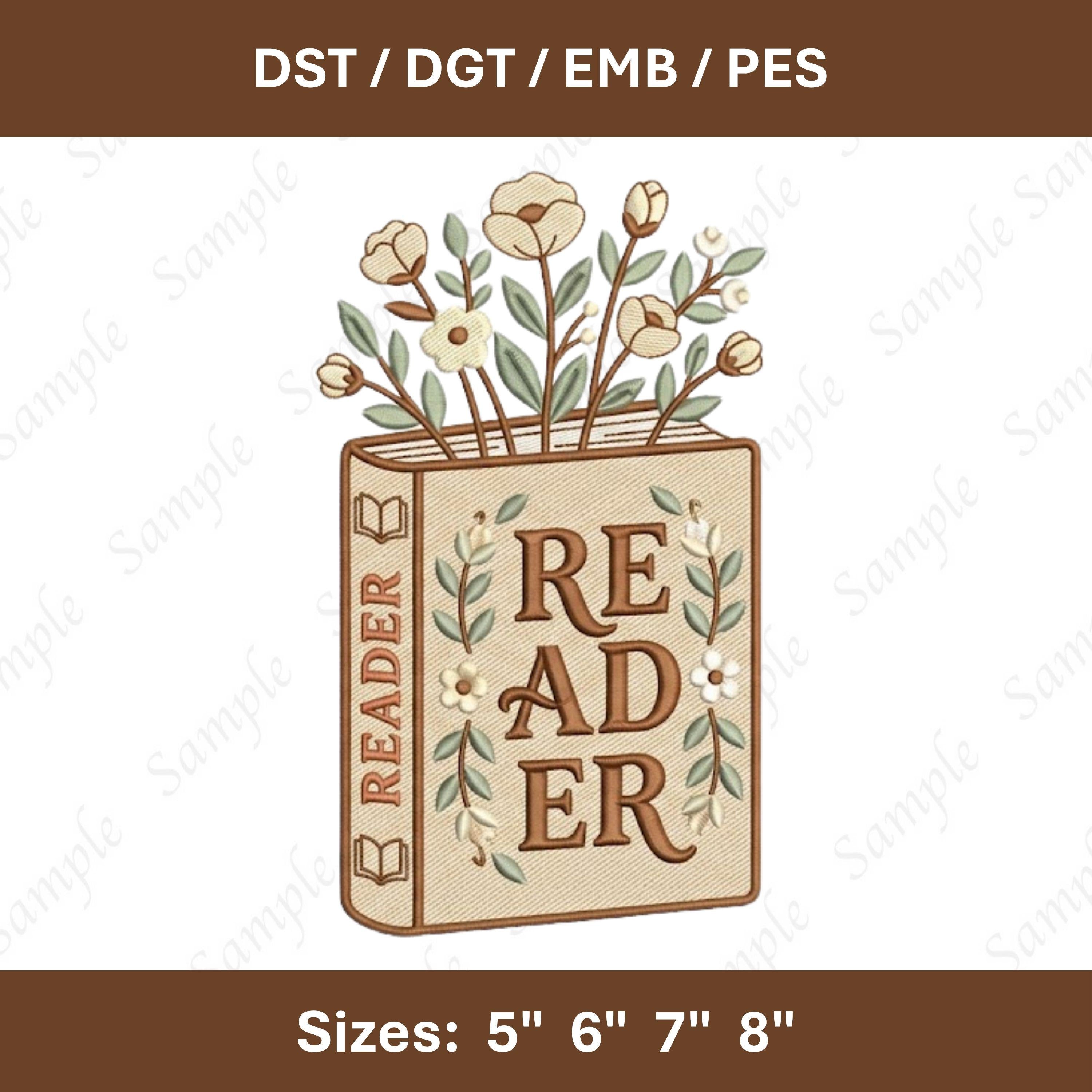 Reader Book Embroidery Design: Floral Vintage Library File (Digital Download)