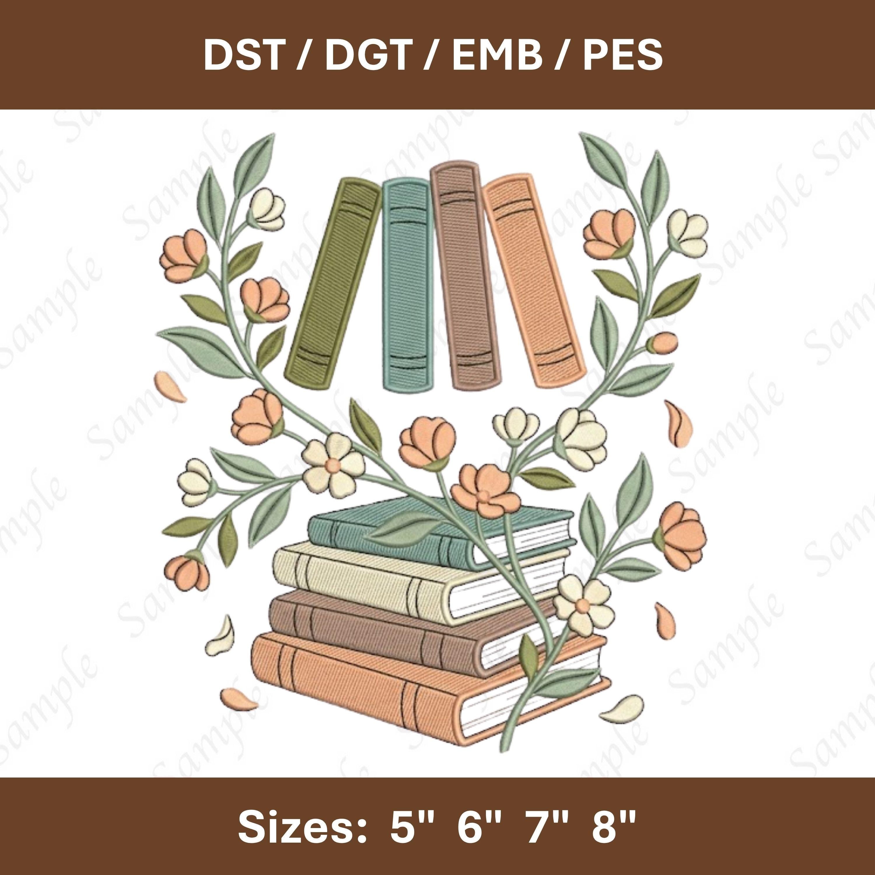 Floral Vintage Book Stack Embroidery Design (Digital File) – Cottagecore
